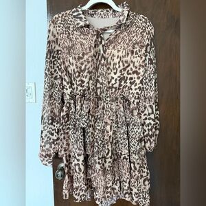 Leopard print tie neck ruffle hem dress, size M